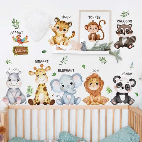 Cartoon Jungle Animals Wall Sticker PVC Watercolor Lion Elephant Giraffe Tiger Decal For Kids Room Nursery Home Wall Decor