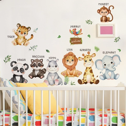 Cartoon Jungle Animals Wall Sticker PVC Watercolor Lion Elephant Giraffe Tiger Decal For Kids Room Nursery Home Wall Decor