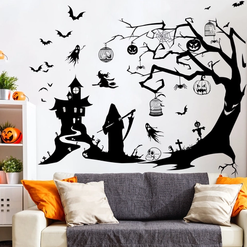 Halloween Muurstickers PVC Verwijderbaar Geest Vleermuis Kasteel Silhouet Decals Voor Woonkamer Slaapkamer Feest Decoratie