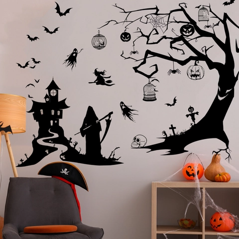 Halloween Muurstickers PVC Verwijderbaar Geest Vleermuis Kasteel Silhouet Decals Voor Woonkamer Slaapkamer Feest Decoratie