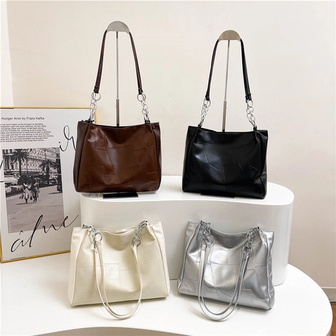 Borsa Tote Grande da Donna con Patchwork Geometrico Borsa a Spalla in Pelle PU alla Moda con Catena Argentata Casual Street Style da Lavoro