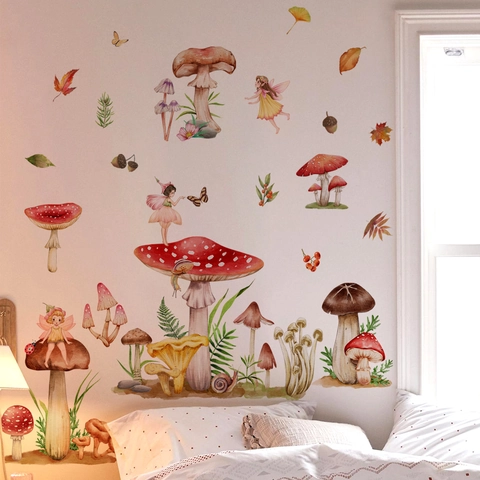 Mushroom Forest Fairy Wall Stickers PVC Self Adhesive Watercolor Cartoon Decor For Kids Nursery Bedroom