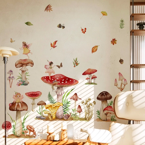 Mushroom Forest Fairy Wall Stickers PVC Self Adhesive Watercolor Cartoon Decor For Kids Nursery Bedroom