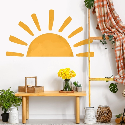 Nordischer Stil Gelbe Sonne Wandaufkleber Halbkreis Kern Mit Strahlen DIY Wandtattoo Für Kinderzimmer Wohnzimmer Schlafzimmer Home Deko