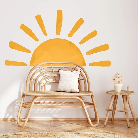 Nordischer Stil Gelbe Sonne Wandaufkleber Halbkreis Kern Mit Strahlen DIY Wandtattoo Für Kinderzimmer Wohnzimmer Schlafzimmer Home Deko