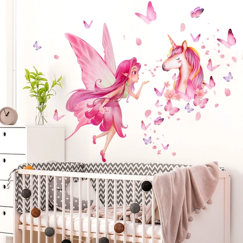 Stickers Muraux Fée Licorne PVC Autocollant Pour Chambre Filles Enfants Décor Papillon Rose Violet Dessin Animé Onirique