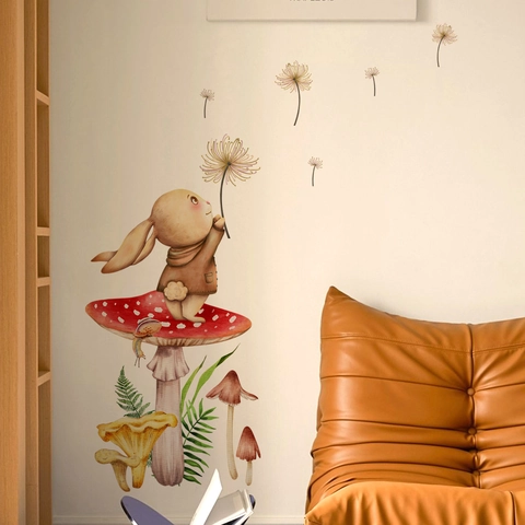 Autocollant Mural Lapin Dessin Animé Champignon PVC Amovible Pissenlit Décalcomanie Pour Chambre Enfant Décoration
