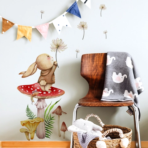 Autocollant Mural Lapin Dessin Animé Champignon PVC Amovible Pissenlit Décalcomanie Pour Chambre Enfant Décoration