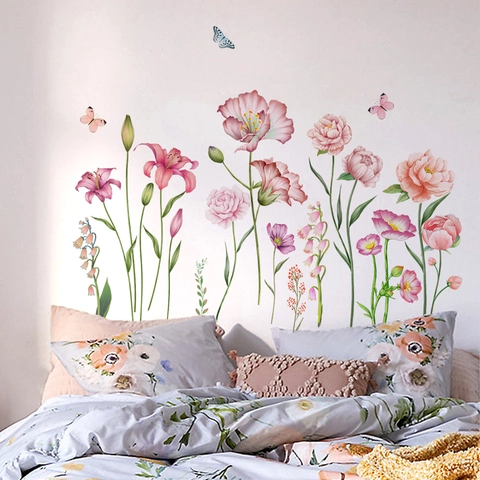 Aquarell Rosa Blumen Schmetterling Wandaufkleber Abnehmbare PVC Kunst Wandbilder Für Schlafzimmer Wohnzimmer Hintergrund Home Dekoration