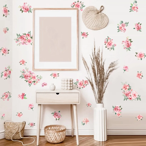 Rosa Rose Blume Wandtattoo PVC Aquarell Floral Wandaufkleber Selbstklebend Abnehmbar Zimmer Deko Für Schlafzimmer Wohnzimmer
