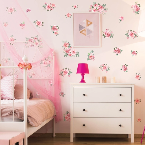 Aquarell Rosa Rosen Blumen Wandaufkleber PVC Abnehmbare Selbstklebende Wandtattoos Für Schlafzimmer Wohnzimmer Deko