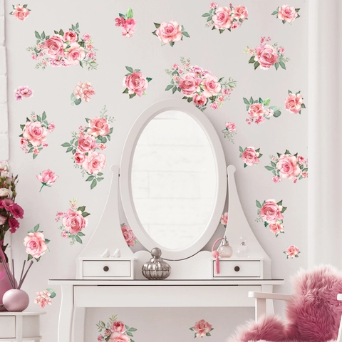 Rosa Rose Blume Wandtattoo PVC Aquarell Floral Wandaufkleber Selbstklebend Abnehmbar Zimmer Deko Für Schlafzimmer Wohnzimmer