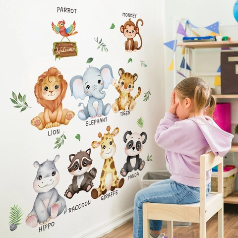 Large Cartoon Animal Wall Stickers PVC Waterproof Jungle Forest Lion Elephant Panda Wall Decals Nursery Kids Bedroom Decor