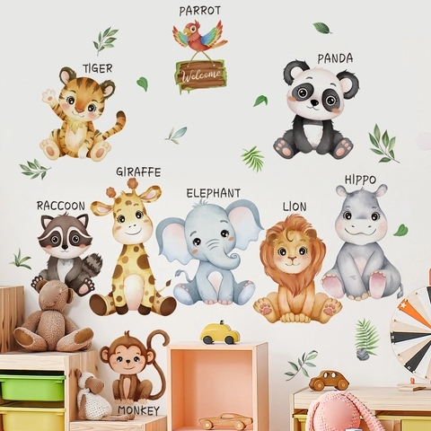 Large Cartoon Animal Wall Stickers PVC Waterproof Jungle Forest Lion Elephant Panda Wall Decals Nursery Kids Bedroom Decor