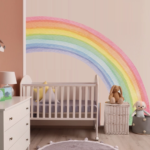 Sticker Mural Arc-En-Ciel Aquarelle Sans Colle Autocollant Amovible Papier Mural Pour Chambre D'enfant Déco