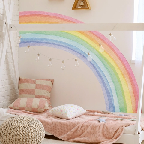 Sticker Mural Arc-En-Ciel Aquarelle Sans Colle Autocollant Amovible Papier Mural Pour Chambre D'enfant Déco