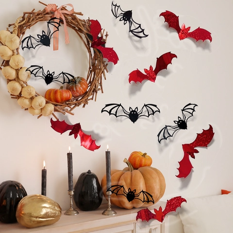 3D Bat Wall Stickers Halloween Decoration Glitter PVC DIY Realistic Flying Bats For Home Party Wall Decor