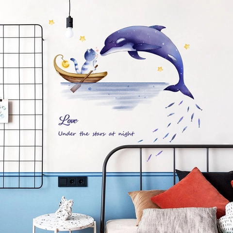 Stickers Muraux Chat Bateau Dauphin En PVC Autocollant Étoiles Citation Décoration Chambre Enfant