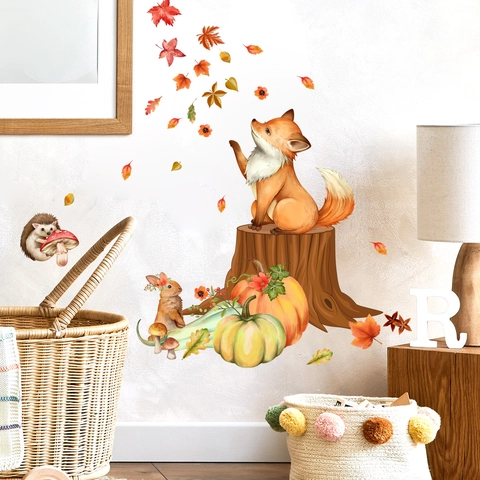 Stickers Muraux Animaux Forêt Automne PVC Autocollant Renard Lapin Hérisson Citrouille Feuille Érable Décor Enfant
