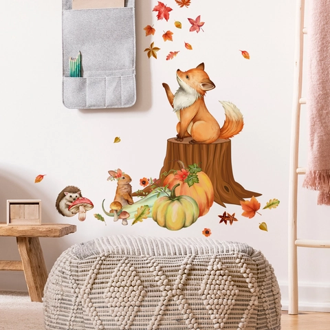 Stickers Muraux Animaux Forêt Automne PVC Autocollant Renard Lapin Hérisson Citrouille Feuille Érable Décor Enfant