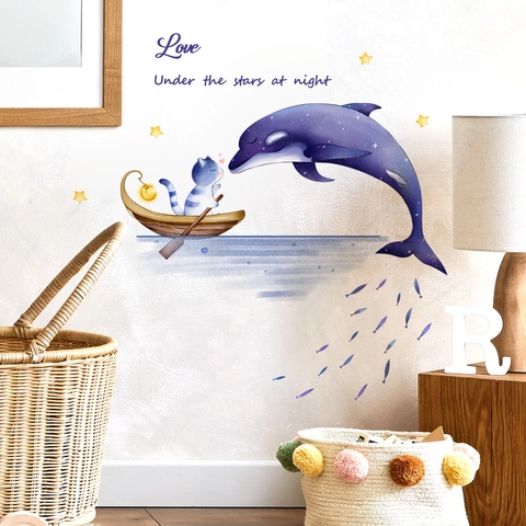 Stickers Muraux Chat Bateau Dauphin En PVC Autocollant Étoiles Citation Décoration Chambre Enfant