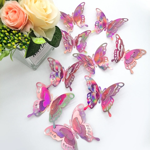 3D Butterfly Wall Stickers Hollow Out Laser Iridescent Colorful Floral DIY Home Decor Living Room Bedroom Background