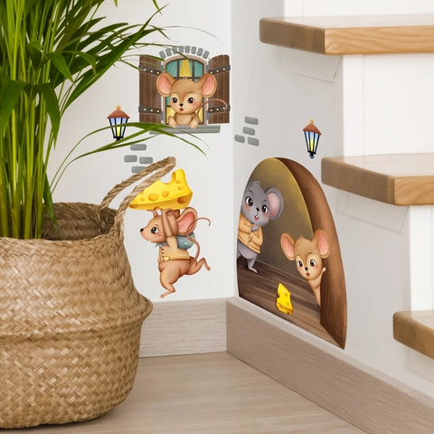 Adesivi Murali Buco Del Topo Formaggio Cartone Animato PVC Decalcomanie Rimovibili Per Soggiorno Camera Bambini Angolo Murale Decorativo
