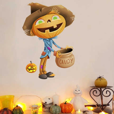 Halloween Wall Sticker Cartoon Pumpkin Scarecrow PVC Removable Decorative Holiday Window Decal For Party Home Decor