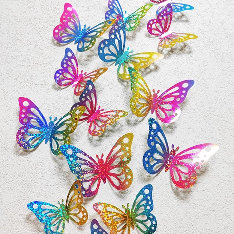3D Hollow Butterfly Wall Stickers Laser Rainbow Gradient Glitter DIY Decals For Home Bedroom Living Room Party Decoration