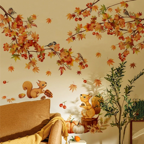 Watercolor Autumn Maple Leaf Squirrel Bird Wall Stickers For Living Room Bedroom PVC Thanksgiving Fall Home Decor Mural