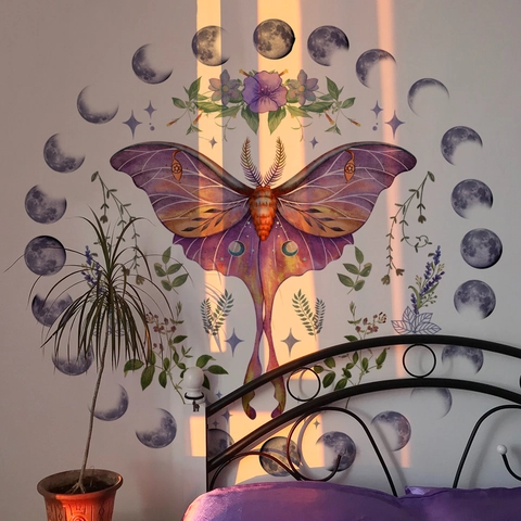 Böhmische Luna Motte Wandtattoo Große Mondphasen Blumen Wandsticker PVC Botanisch Schmetterling Mystik Home Wanddeko