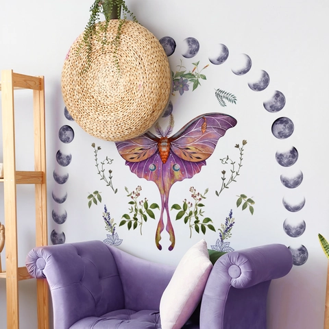 Böhmische Luna Motte Wandtattoo Große Mondphasen Blumen Wandsticker PVC Botanisch Schmetterling Mystik Home Wanddeko