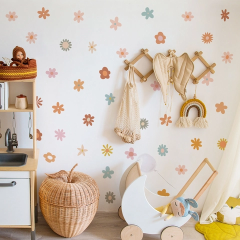 Bohemian Morandi Floral Wall Stickers For Kids Room Nursery Decor Matte PVC Daisy Flower Pattern Self Adhesive Wall Decals