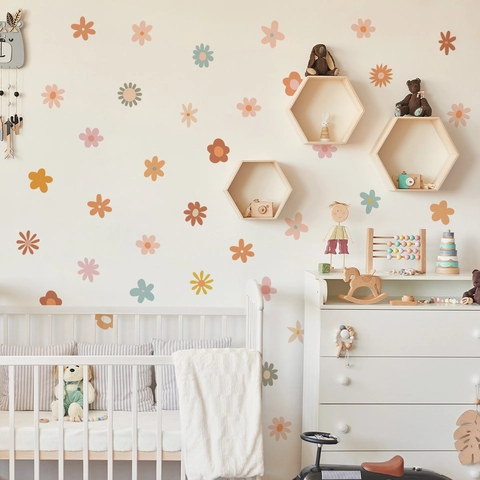 Bohemian Morandi Floral Wall Stickers For Kids Room Nursery Decor Matte PVC Daisy Flower Pattern Self Adhesive Wall Decals