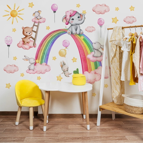 Stickers Muraux Animaux Dessin Animé Arc-En-Ciel Rose PVC Auto-Adhésif Aquarelle Décoration Chambre Fille Bébé