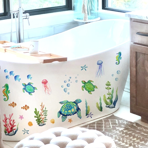 Adesivo per Vasca da Bagno Tartaruga Marina Mondo Sottomarino Impermeabile PVC Decalcomania Vita Oceanica per Bagno Cameretta