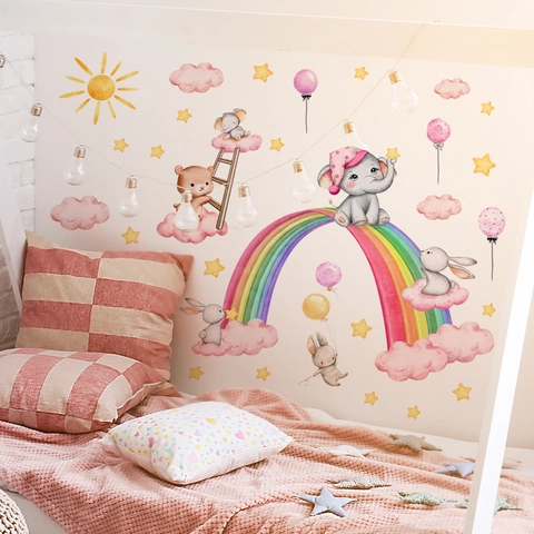 Stickers Muraux Animaux Dessin Animé Arc-En-Ciel Rose PVC Auto-Adhésif Aquarelle Décoration Chambre Fille Bébé
