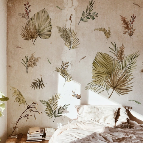 Adesivi Murali Botanici Boho Grandi Foglie Tropicali in PVC Palma Felce Stile Nordico Decalcomanie Floreali per Camera da Letto