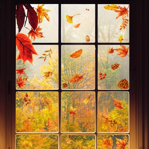 Herfst Esdoornblad Dennenappel Vensterstickers Statisch Hechtend Glasstickers Thanksgiving Decoratie PVC Verwijderbaar Thuis
