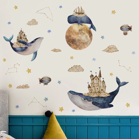 Aquarell Wal Schloss Wandaufkleber Mond Sterne Wolken PVC Wasserdicht Deko Für Kinderzimmer Babyzimmer Märchen Dekor
