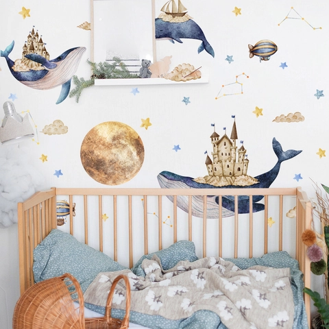 Aquarell Wal Schloss Wandaufkleber Mond Sterne Wolken PVC Wasserdicht Deko Für Kinderzimmer Babyzimmer Märchen Dekor