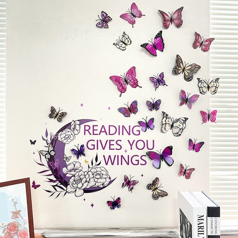 Pegatinas de Pared 3D Mariposa Luna Flor Púrpura Cita Reading Gives You Wings Calcomanías de Vinilo DIY para Dormitorio Sala de Estar
