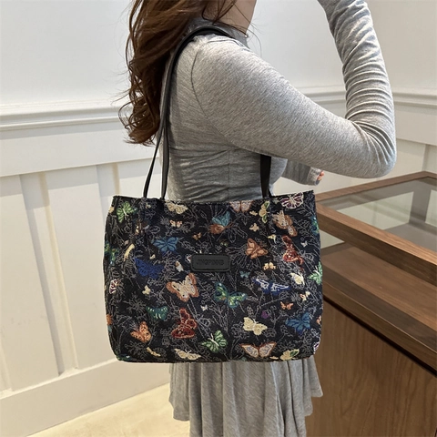 Damen Große Kapazität Schmetterling Jacquard Tragetasche Retro Stoff Schultertasche Für Pendeln Schule Alltag Handtasche