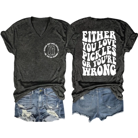 Women V Neck Short Sleeve T-Shirt Funny Pickles Slogan Letter Print Casual Cotton Blend Summer Loose Fit Retro Top