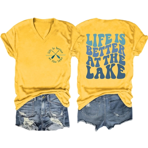 T-Shirt Da Donna Con Scollo A V Maniche Corte Casual Misto Cotone Stampa Di Lettere Grafica Estate Tee