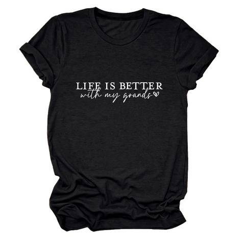 Maglietta Donna Casual Misto Cotone Stampa Slogan Life Is Better With My Grands Girocollo Manica Corta Top Largo