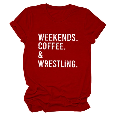 Damen Casual Rundhals Kurzarm T-Shirt Weekends Coffee And Wrestling Slogan Baumwollmischung Sommer Locker Mode Oberteil
