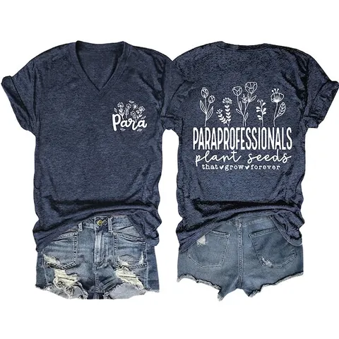 Women Casual V-Neck Short Sleeve T-Shirt Floral Para Letter Print Cotton Blend Summer Loose Fit Commuter Fashion Top