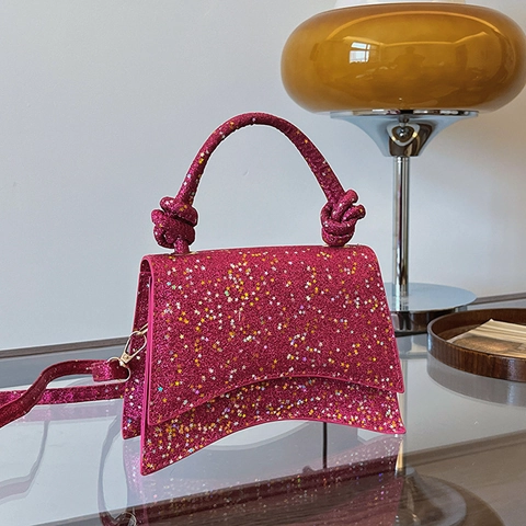 Women Fashion Sequin Glitter Crossbody Bag With Knotted Handle Star Pattern Curved Bottom Small Handbag For Party Wedding