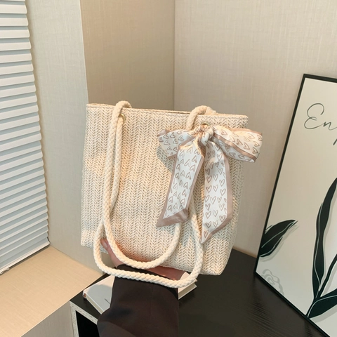 Summer Woven Straw Tote Bag Women Heart Print Scarf Bow Knot Cotton Rope Handle Urban Minimalist Casual Vacation Handbag